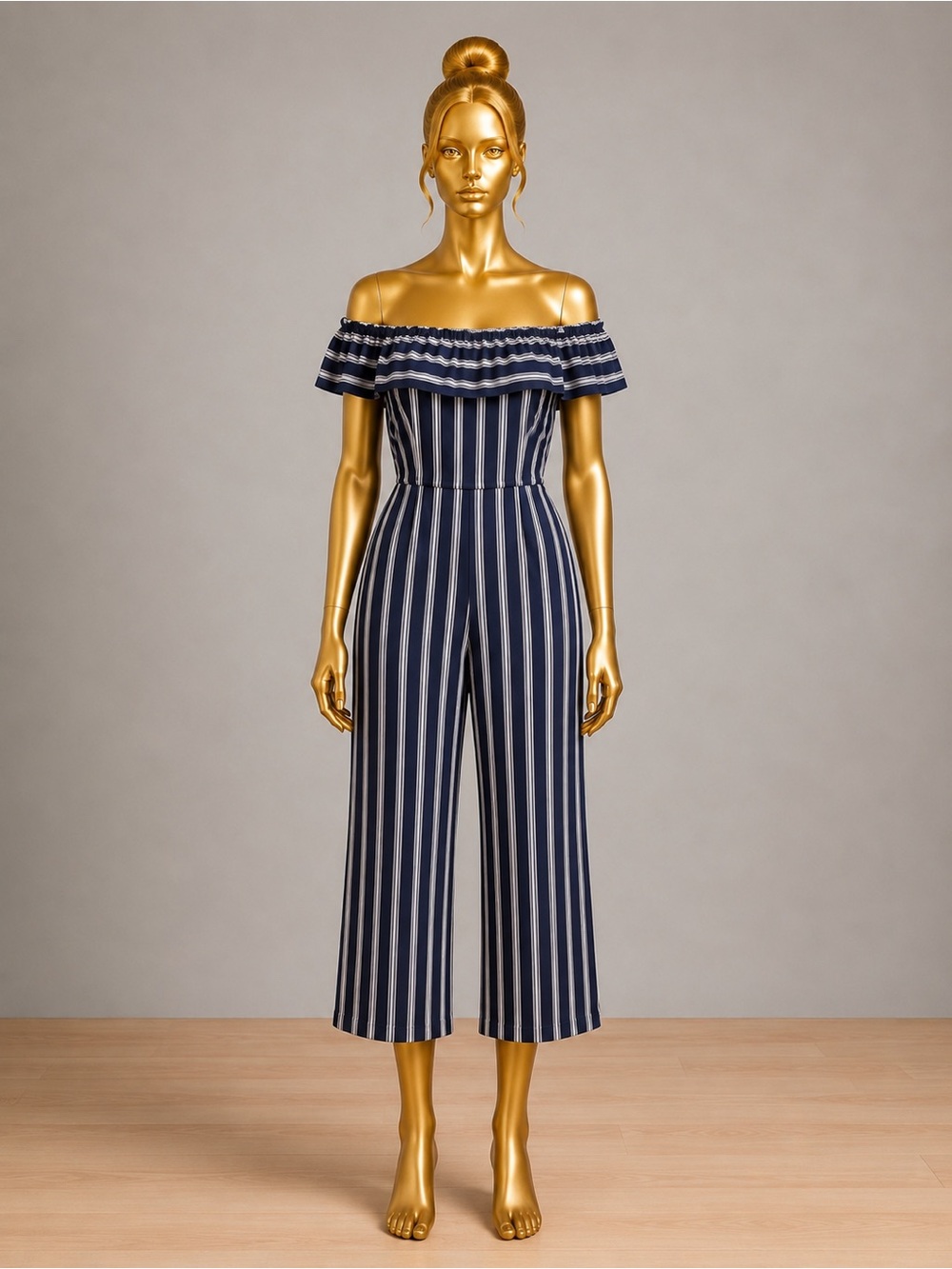In The Beginning Navy Striped Off Shoulder Ruffle M Jumpsuit Wide Leg